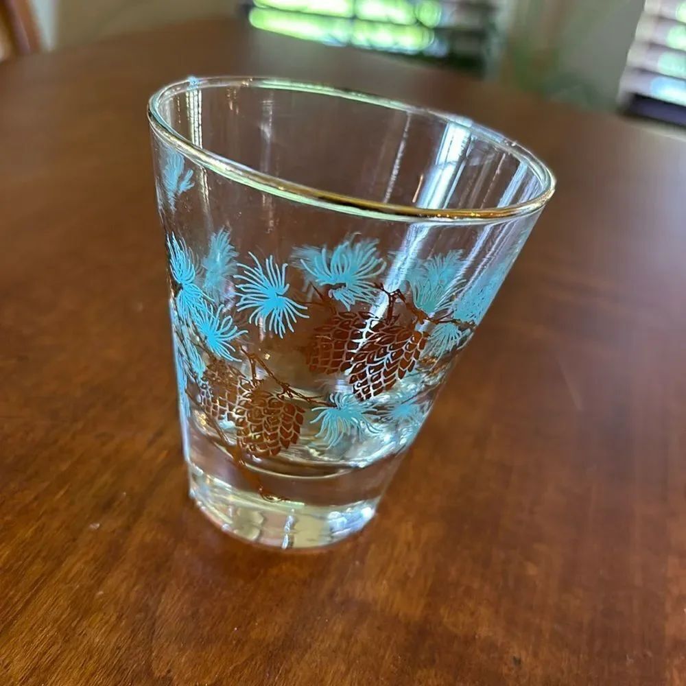 Vintage David Douglas Libbey 1960s Turquoise and Gold Pine Cone Design Glass